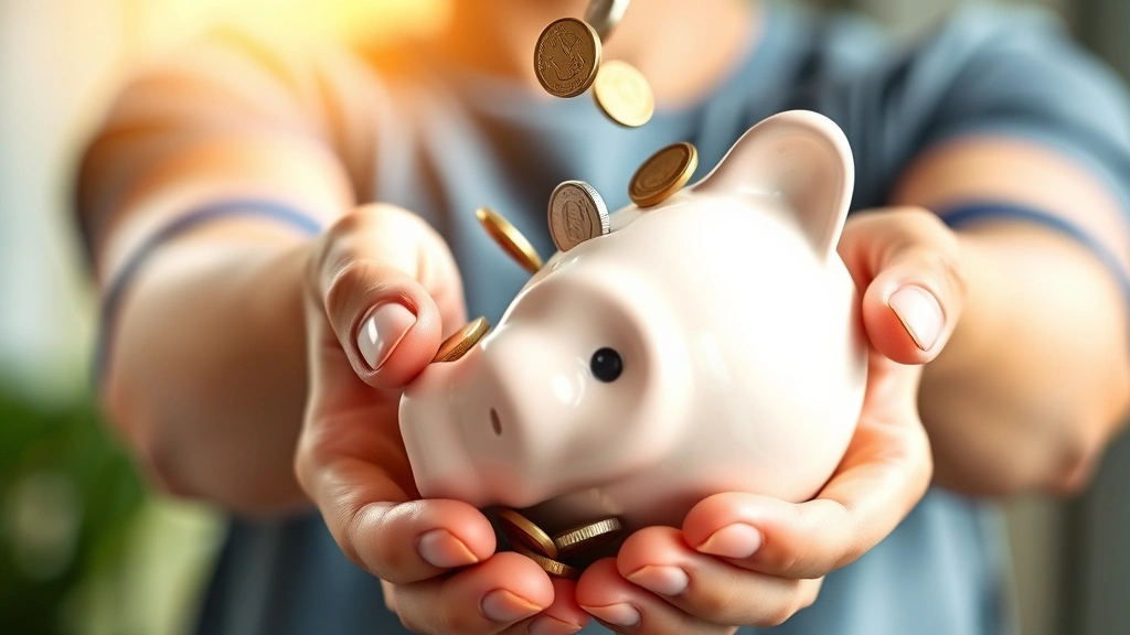Person holding piggy bank with coins falling into it, vibrant natural lighting, close-up showing hands and satisfaction, blurred background suggesting wealth accumulation and savings growth