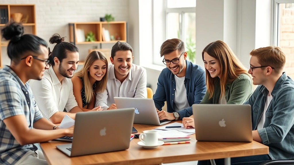 Diverse young professionals in casual workspace collaborating on business project, multiple laptops and notebooks visible, energetic atmosphere showing income growth and entrepreneurial mindset, natural daylight