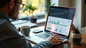 Person reviewing financial charts and investment graphs on laptop with coffee, modern home office, focused expression, natural morning light through window, growth indicators visible on screen