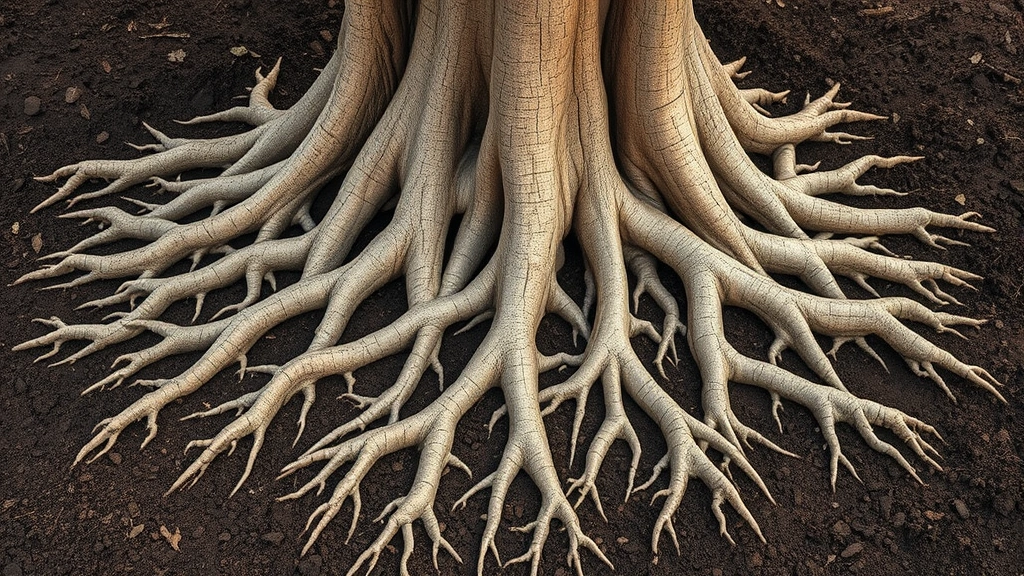 Extensive root system of established eastern red cedar exposed in rich soil, showing underground growth foundation with multiple root branches extending through dark earth, photorealistic detail