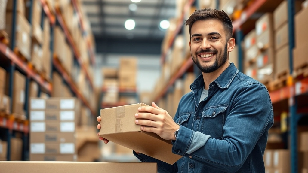 Person successfully packing and shipping ecommerce order with organized inventory shelves in background, holding package with satisfied expression, warehouse lighting, professional fulfillment operation