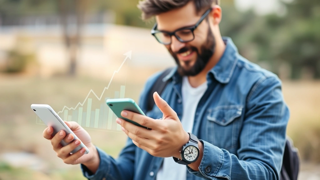 Digital entrepreneur checking mobile phone with upward trending sales graph overlay visible on screen, celebration gesture, natural outdoor setting, modern casual clothing