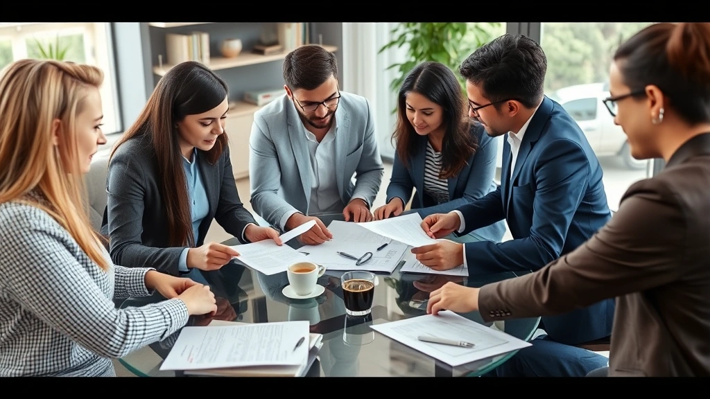 Diverse group of professionals collaborating around glass table with coffee, reviewing documents, networking environment, teamwork and skill-sharing, natural lighting, no visible text or charts