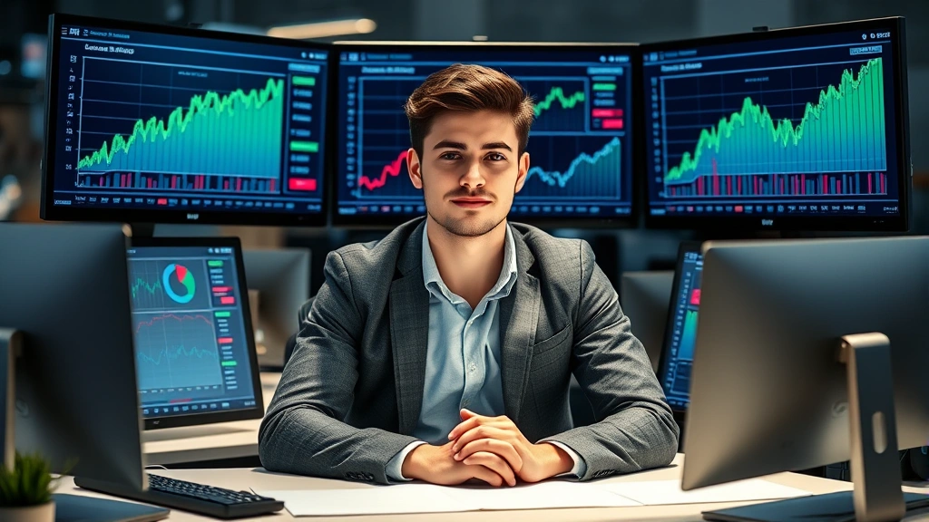 Young entrepreneur at desk with multiple monitors showing financial graphs, building business empire, confident posture, modern startup aesthetic, realistic office setting, no screen text visible