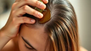 A person applying oil to their scalp with massaging fingertips, focused expression of self-care, warm lighting showing healthy scalp skin, photorealistic close-up of hands and hair