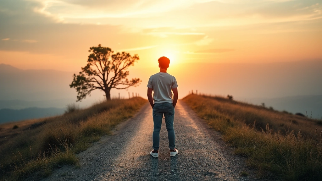 Young person standing at a crossroads in a natural landscape, facing forward with confident posture, sunrise or golden hour lighting, expansive sky background, symbolic of choosing new direction and personal transformation