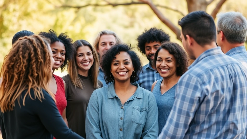 Diverse group of people in a supportive circle outdoors, genuinely smiling and connected, natural daylight, warm and inclusive atmosphere, representing community support and healthy relationships in personal growth journey