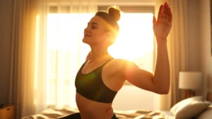 Athletic person mid-morning stretching by bright window, golden sunlight illuminating their face and body, showing vitality and energy, peaceful expression, modern minimalist bedroom background, photorealistic.