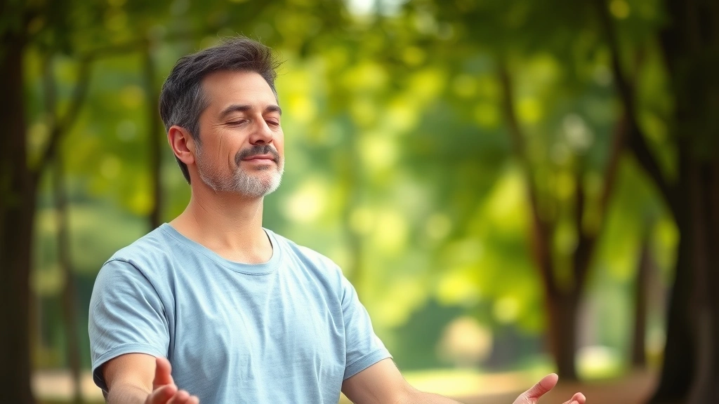 Adult meditating outdoors in natural setting, calm expression, surrounded by green trees and soft natural light, showing mental clarity and inner peace, serene moment of mindfulness practice.
