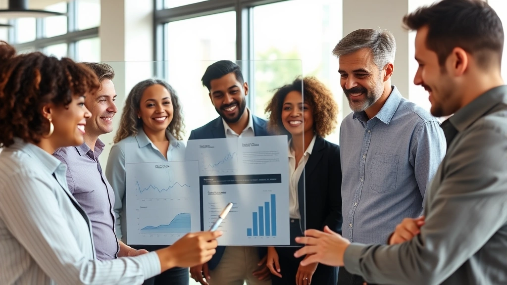 Diverse group of professionals in collaborative meeting, reviewing charts and data on glass whiteboard, engaged discussion with genuine smiles, morning natural light streaming through windows, representing accountability systems and community-driven growth