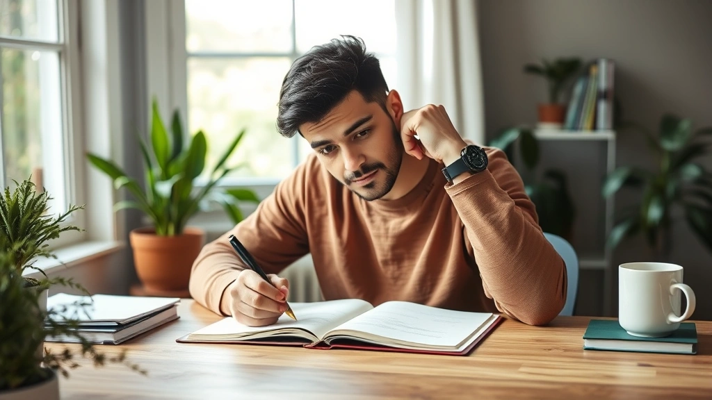 Individual in contemplative pose during journaling session at wooden desk with plants nearby, pen in hand, thoughtful expression, soft natural window light creating calm atmosphere, coffee cup visible, representing reflection and continuous learning integration