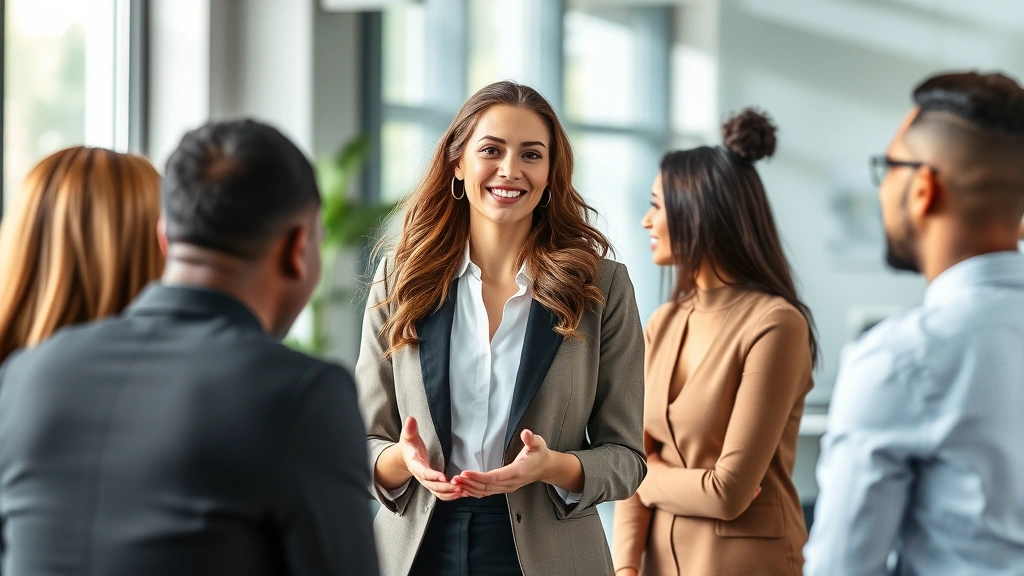 Professional woman in modern office confidently presenting ideas to colleagues, natural daylight, collaborative atmosphere showing growth and achievement
