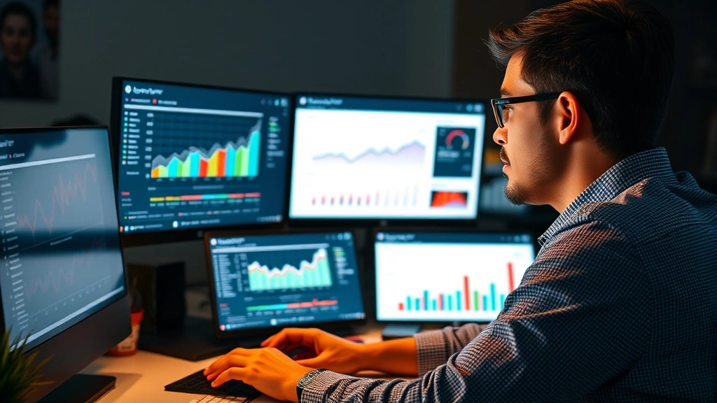 Person at desk reviewing progress charts and metrics on multiple screens, focused expression, warm lighting highlighting personal development and data-driven growth