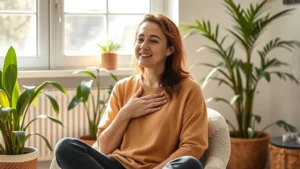 Person sitting peacefully in sunlit room with plants, hand on heart, gentle expression of self-acceptance, warm natural lighting emphasizing calm confidence