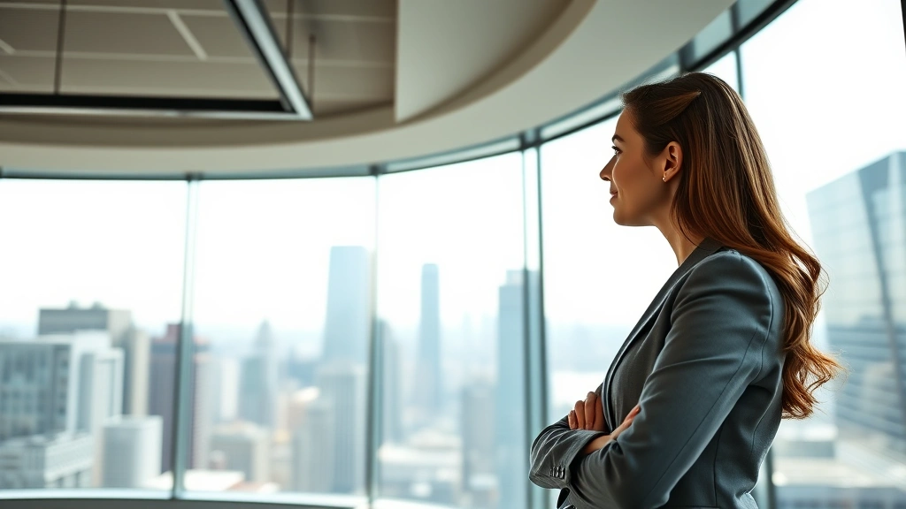 Professional woman in modern office building looking out floor-to-ceiling windows at city skyline, confident posture, natural lighting, represents career vision and growth trajectory