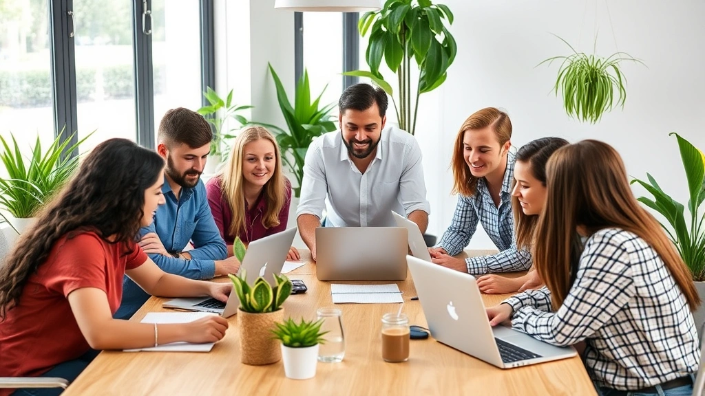 Diverse team collaborating around table with laptops and notebooks, genuine engagement and discussion, bright workspace with plants, represents aligned skill development and mentorship