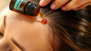 Close-up of healthy scalp with essential oil drops being applied through fingertips during a scalp massage, person showing relaxation and self-care focus, warm natural lighting, emphasizing the massage technique and scalp health