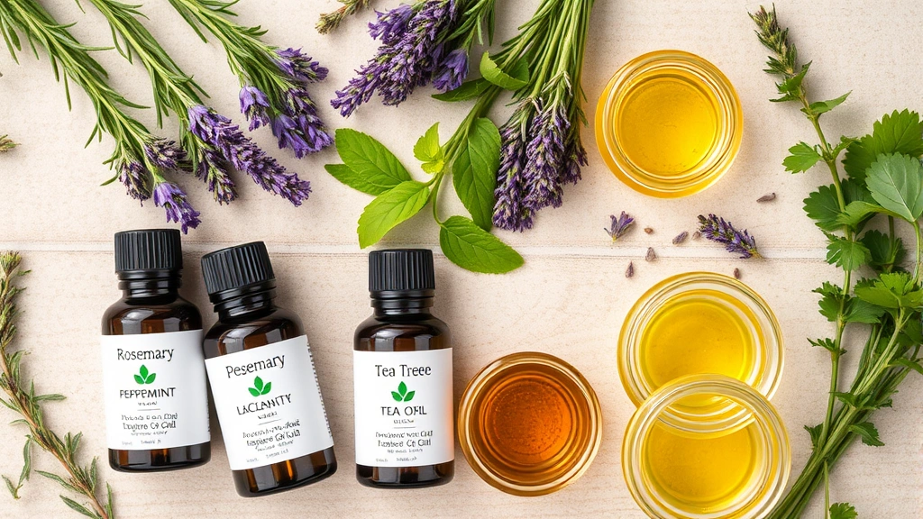 Overhead view of multiple essential oil bottles (rosemary, peppermint, lavender, tea tree) arranged artfully with fresh herbs and carrier oil in glass containers, suggesting natural hair care preparation and ingredient quality
