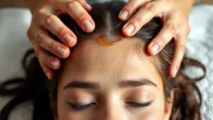 Close-up of healthy scalp receiving warm oil massage with focused hands and relaxed facial expression, natural lighting, spa-like setting, person appears calm and centered