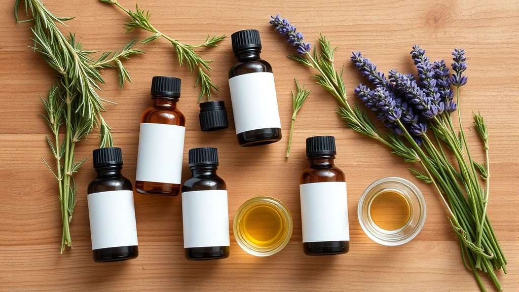 Overhead view of essential oil bottles arranged with fresh herbs like rosemary and lavender sprigs, carrier oils in glass containers, minimalist arrangement on wooden surface with soft natural light