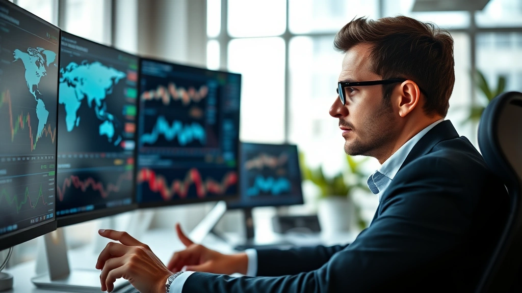 Professional investor reviewing global market data on multiple screens, confident expression, modern office environment, natural lighting, focused concentration on financial analysis