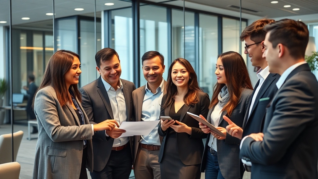 Diverse group of professionals collaborating in international business setting, European and Asian team members discussing growth strategies, modern glass office, confident body language