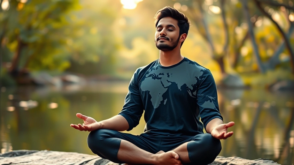 Individual meditating peacefully with world map visualization, representing global investment mindset, serene environment, natural elements, personal growth visualization, confident demeanor