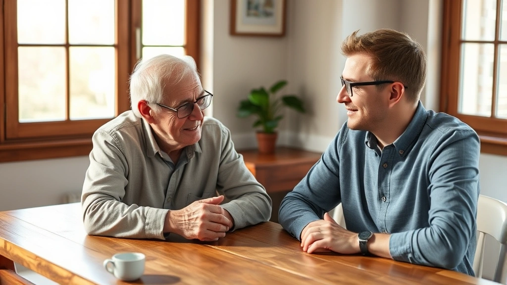 Older man and young adult engaged in meaningful conversation at a wooden table with natural light, genuine connection and mentorship moment, warm and authentic interaction, photorealistic personal growth