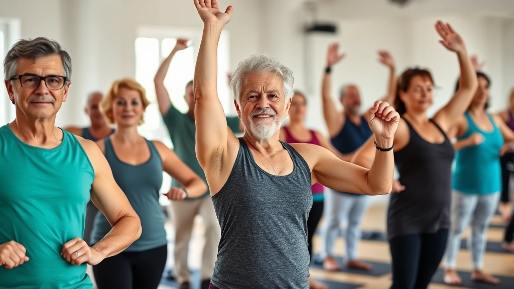 Diverse group of mature adults in a fitness class doing yoga or strength training together, focused expressions showing determination and capability, bright studio setting, energetic and inclusive community