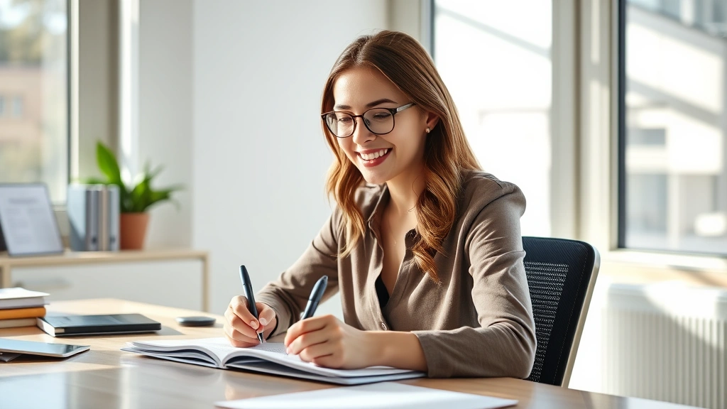 A professional woman in her 30s sitting at a desk with morning sunlight, reviewing handwritten notes and smiling with determination, representing focused skill-building and career growth during peak productive years