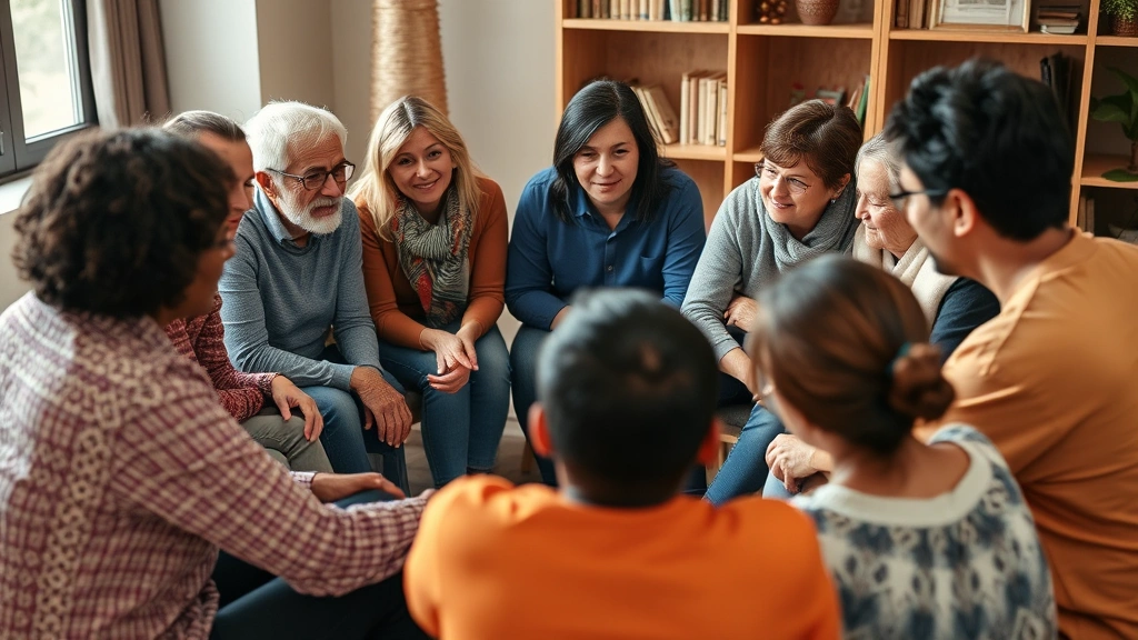 A diverse group of people of various ages in a mentorship circle, engaged in deep conversation and active listening, showing intergenerational knowledge-sharing and wisdom transfer across different life stages