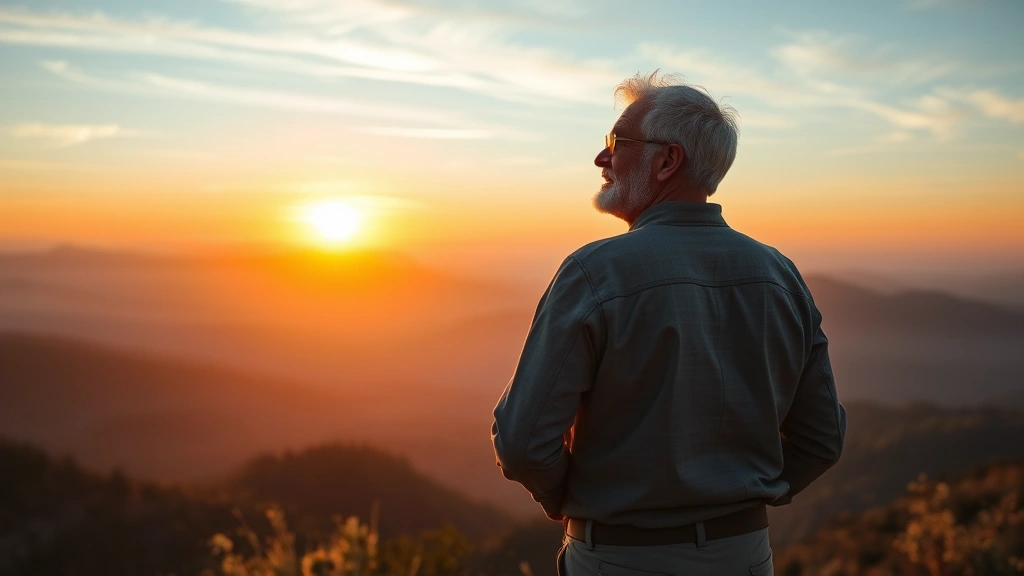 A mature man in his 60s standing on a mountain overlook at sunrise, arms slightly raised, looking peaceful and contemplative with a vast landscape behind him, representing legacy thinking and life wisdom integration