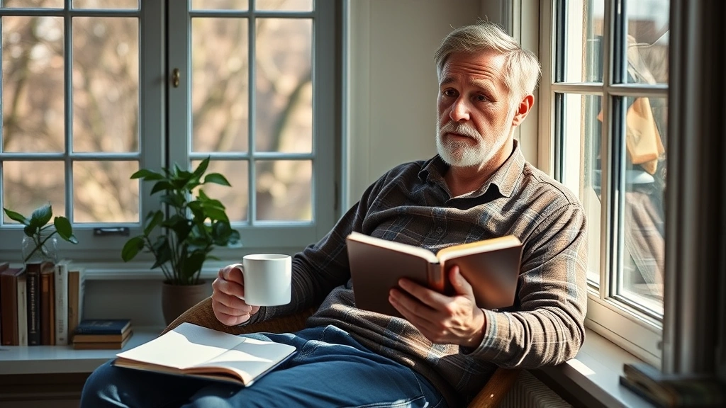 Man in his 50s sitting peacefully by a window with a journal and coffee cup, morning sunlight streaming in, thoughtful expression, cozy home setting with books visible