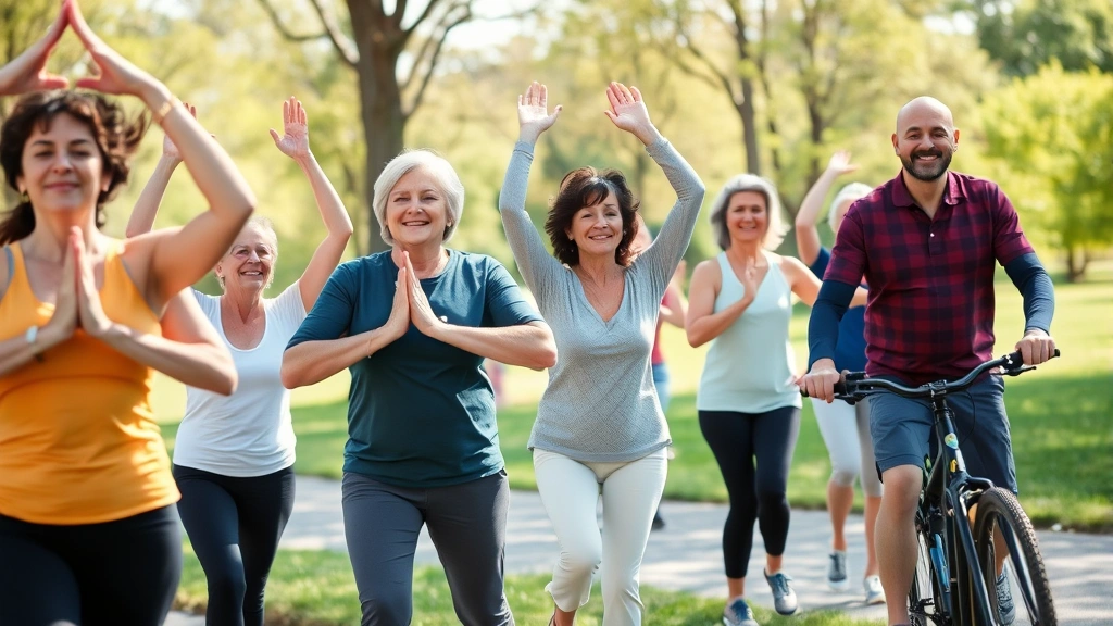 Diverse group of people spanning multiple generations exercising together outdoors—yoga, walking, cycling—in a park setting, genuine joy and vitality, bright natural daylight