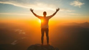 Person at sunrise standing on mountain peak looking toward horizon, arms raised in achievement, golden light illuminating face, representing breakthrough success and exponential growth momentum