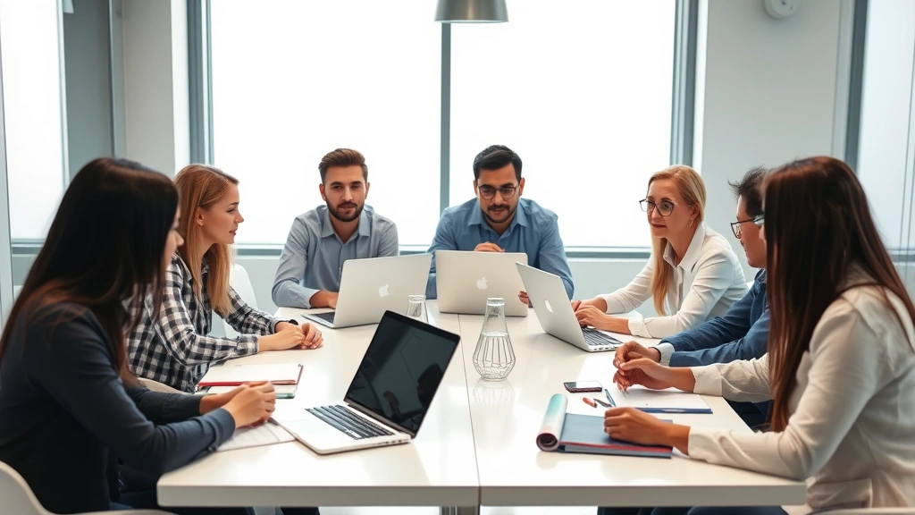 Team collaborating around modern table with laptops and notebooks, diverse professionals engaged in discussion, representing strategic partnerships and collective growth acceleration
