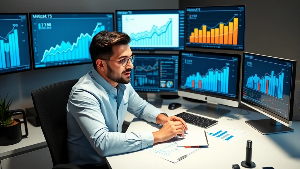 Individual at desk with growth charts and upward trending graphs on multiple screens, focused expression, representing data-driven exponential growth measurement and strategic planning