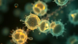 A close-up of single-celled organisms like bacteria multiplying under a microscope with a glowing, luminescent quality showing the process of cell division and exponential reproduction in real-time