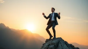 Person climbing upward trajectory curve with determination, mountain landscape background, sunrise lighting, professional attire, focused expression, hands reaching upward, representing exponential growth journey through stages