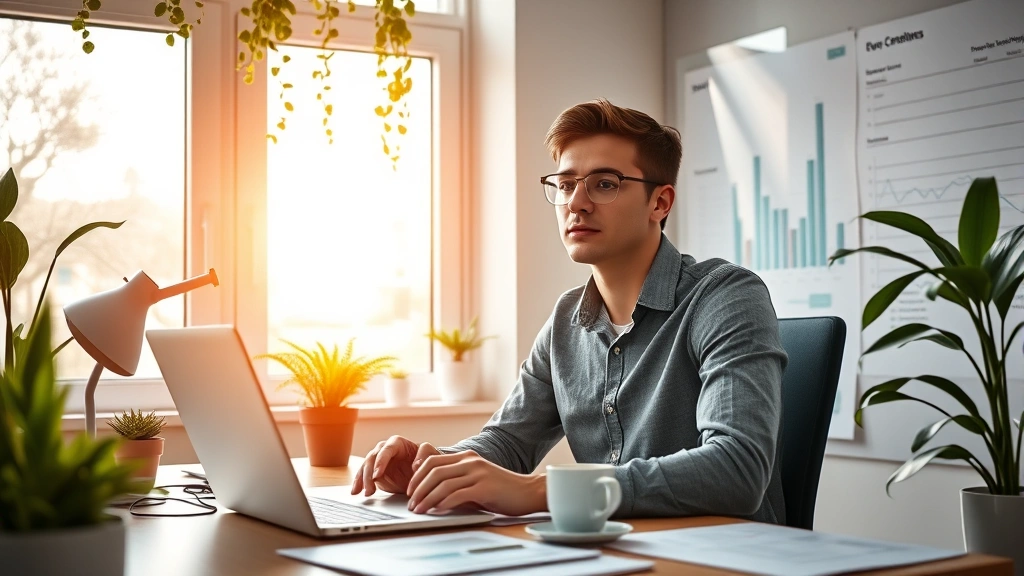 Young professional at desk surrounded by growth charts and progress metrics, natural morning light through windows, plants visible, peaceful focused demeanor, laptop showing analytics, coffee cup, representing sustainable consistent effort