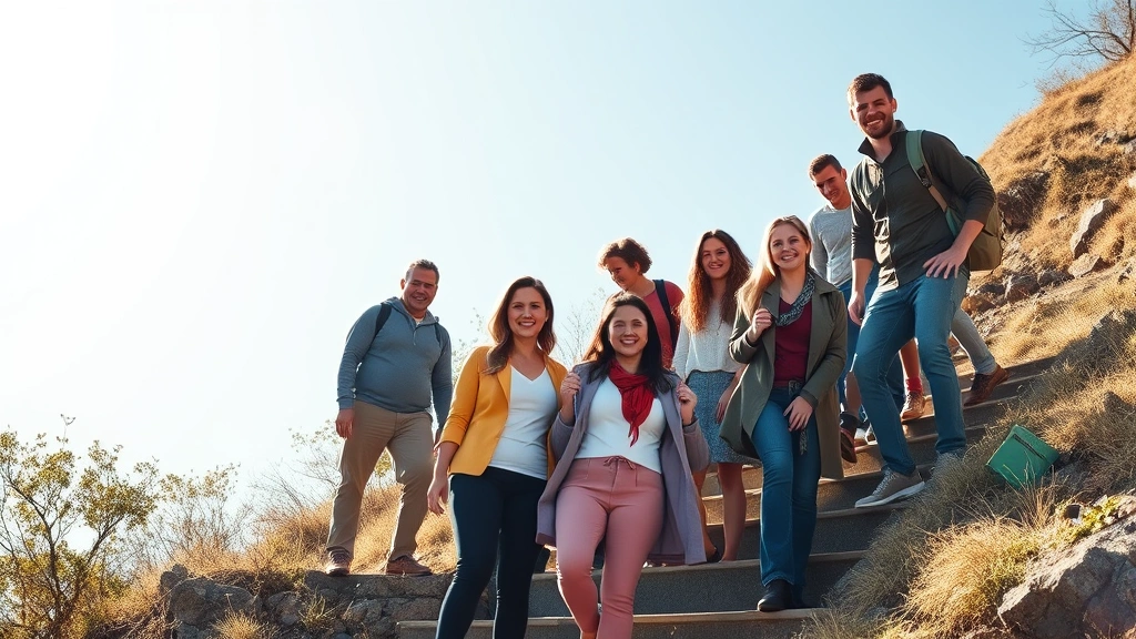 Diverse group of people supporting each other climbing together on steep incline, bright daylight, collaborative energy, genuine smiles, representing community and shared exponential growth journey