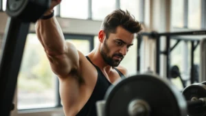 Person at gym hitting personal record with determination, sweat visible, weights in motion, focused expression showing breakthrough moment, natural lighting from windows, athletic wear
