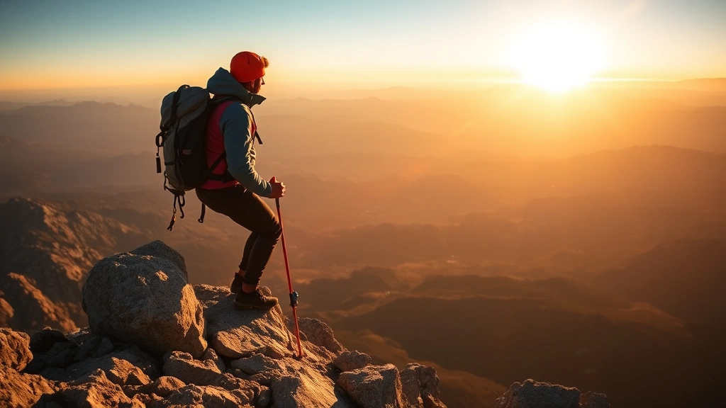 Mountain climber near summit with vast landscape below, representing long-term perspective and achievement through sustained effort, golden hour lighting, sense of accomplishment and perspective