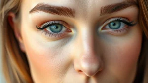 Close-up of a woman's face with naturally full, well-groomed eyebrows, soft natural lighting, minimal makeup, healthy glowing skin, professional beauty photography