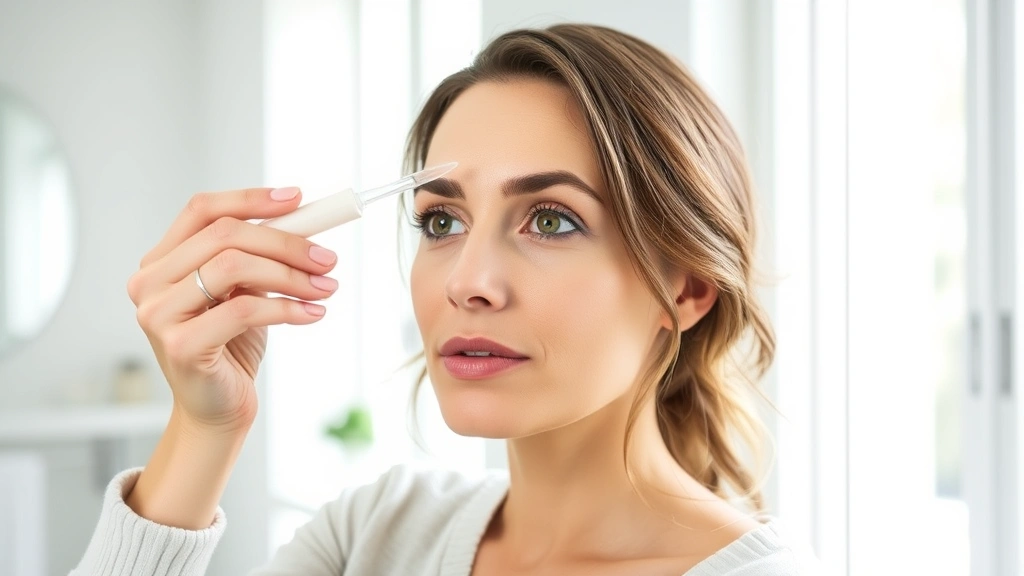 Woman applying clear growth serum to eyebrows with a spoolie brush, morning skincare routine, bright natural window lighting, focused expression, clean bathroom setting