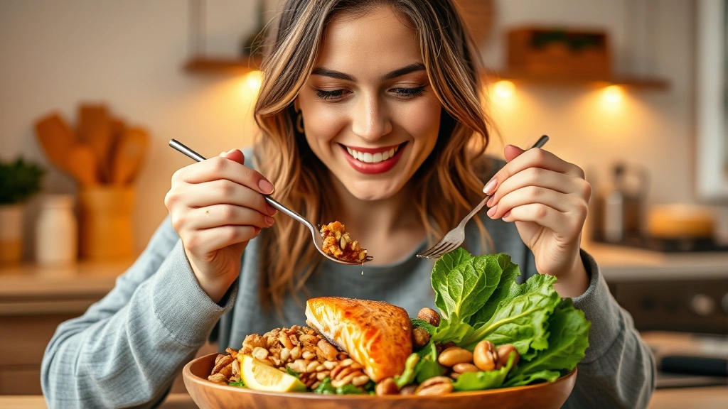 Woman eating a nutritious meal with salmon, leafy greens, and nuts, healthy eating habits, warm kitchen lighting, happy satisfied expression, vibrant fresh foods