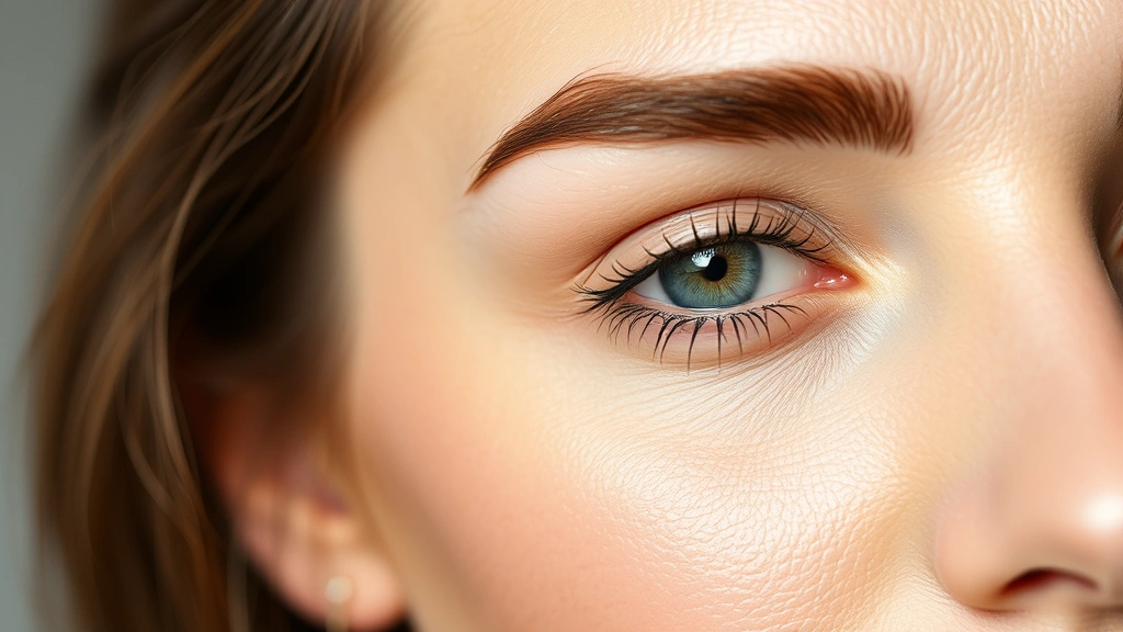 Close-up of a woman's face showing well-groomed, full eyebrows with natural light highlighting brow texture and definition, professional skincare product application in progress