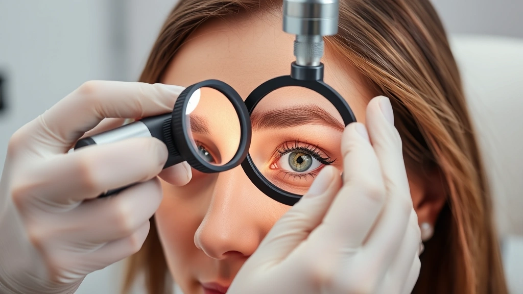 Dermatologist examining patient's eyebrows with magnifying tool, clinical setting with professional lighting, showing detailed follicle assessment and brow health evaluation