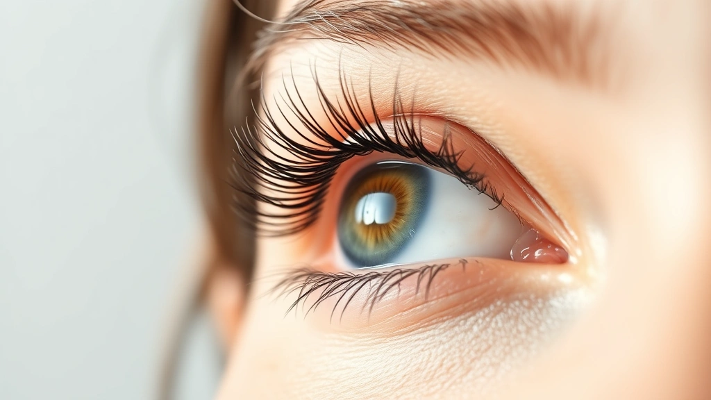 Close-up of a woman's eye with naturally long, healthy eyelashes against a clean, minimalist background. Soft morning light illuminates the lashes, showing their full length and texture. The eye is open and looking slightly upward. Photorealistic, high-definition, focusing on lash detail and natural beauty without makeup or artificial enhancement.