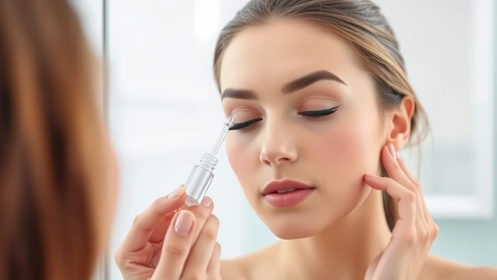 Woman applying a clear eyelash serum with a precision applicator to her clean lash line. She's looking in a mirror with focused attention. The background is a bright, clean bathroom. Her face is calm and peaceful. Photorealistic, showing the careful application technique with the serum bottle visible.